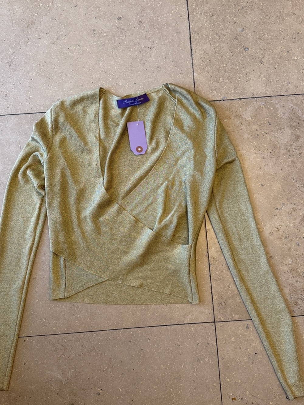 Ralph Lauren Purple Label Olive Green Metallic Wrap Long-Sleeve Top